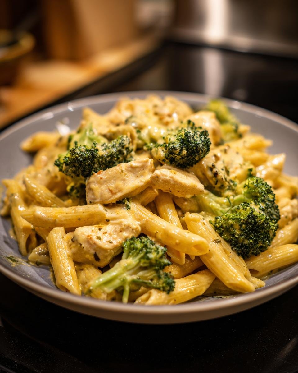 Nahaufnahme einer Schüssel mit cremiger Brokkoli Hähnchen Penne, garniert mit Kräutern.
