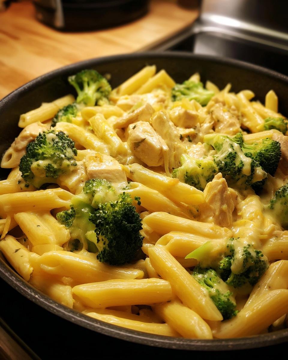 Nahaufnahme einer Pfanne mit cremiger Brokkoli Hähnchen Penne, garniert mit Brokkoliröschen und Hähnchenstücken.