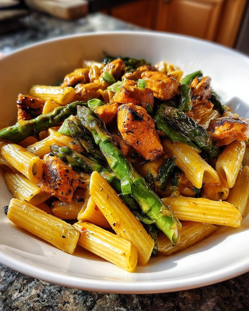 Nahaufnahme einer Schüssel mit cremiger Hähnchen-Spargel-Penne, garniert mit Frühlingszwiebeln.