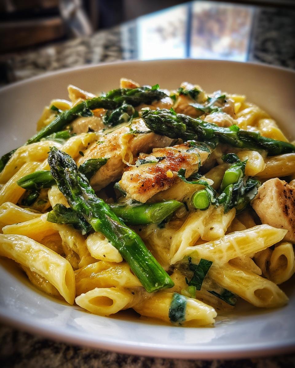 Nahaufnahme einer Schüssel mit cremiger Hähnchen-Spargel-Penne, garniert mit frischer Petersilie.