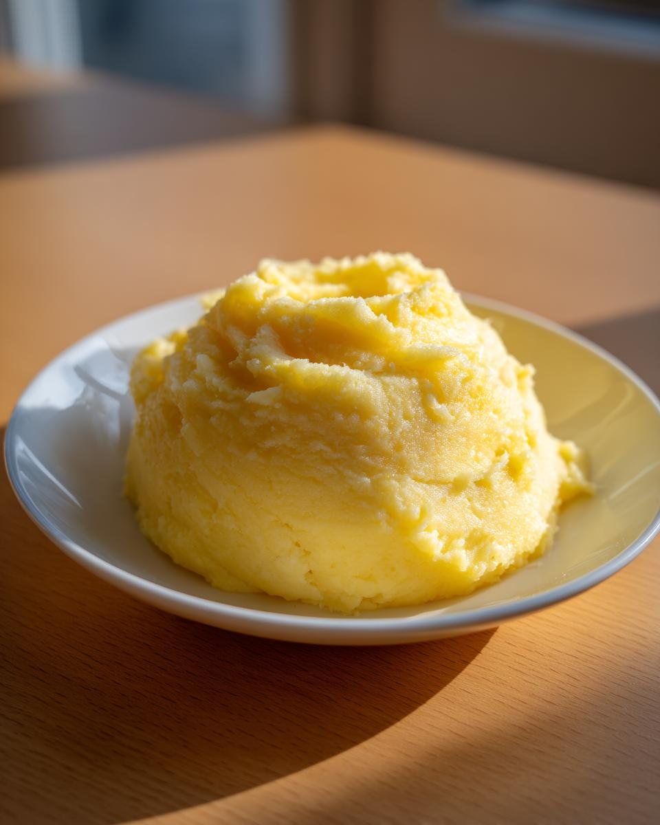 Ein goldgelber Haufen cremiger Mashed Turnips (R&uuml;benp&uuml;ree) auf einem kleinen wei&szlig;en Teller.