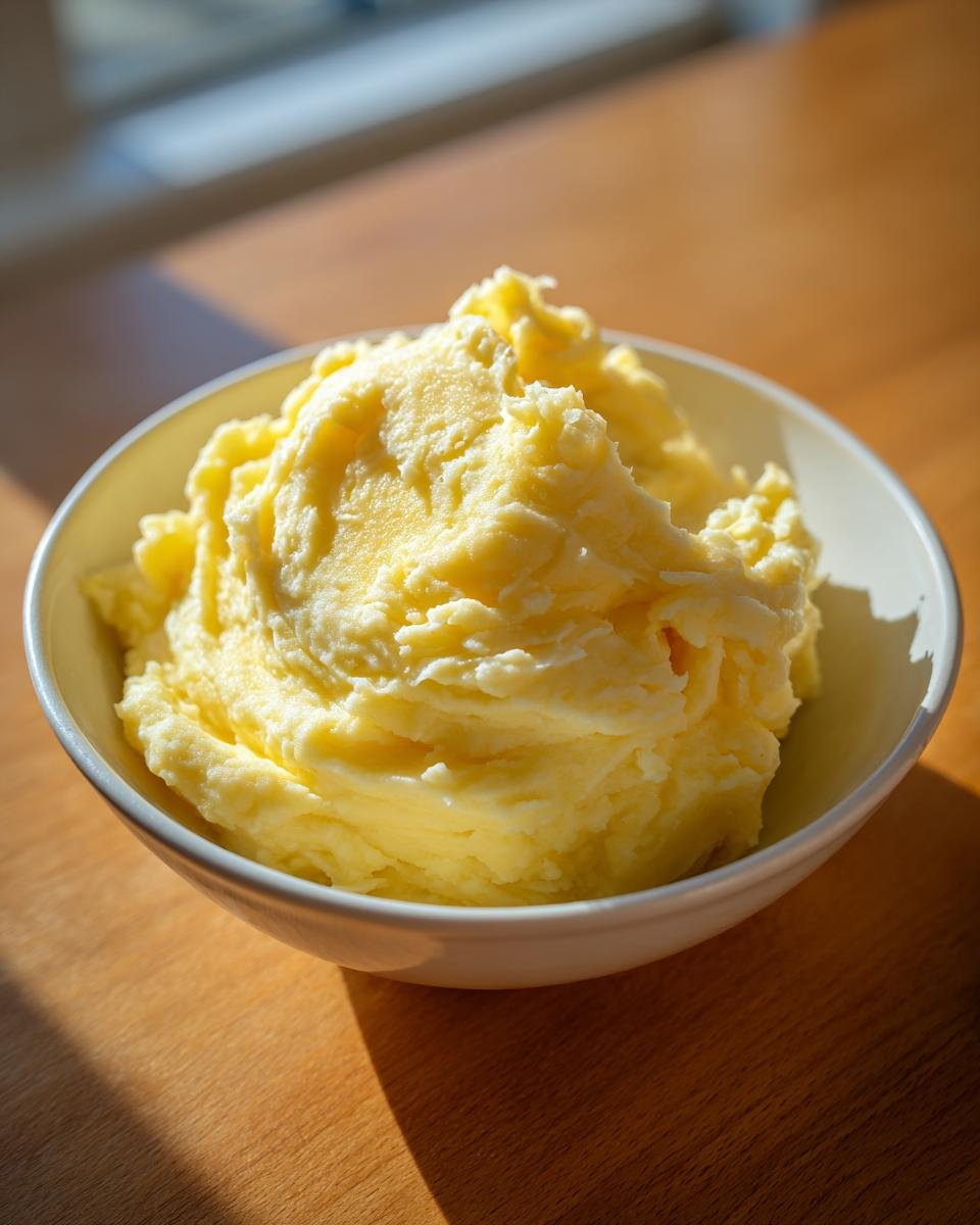 Nahaufnahme von cremigem, gelbem P&uuml;ree, das als Mashed Turnips in einer wei&szlig;en Sch&uuml;ssel angerichtet ist.