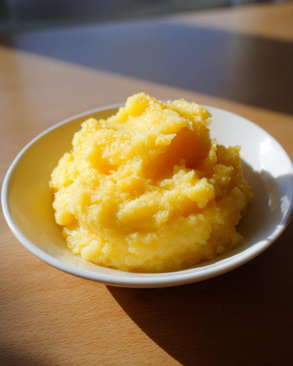 Nahaufnahme von cremigem, gelbem Mashed Turnips (Steckr&uuml;benp&uuml;ree) in einer kleinen wei&szlig;en Schale auf Holz.
