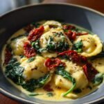 Eine Sch&uuml;ssel mit cremiger Tuscan Ravioli Suppe, garniert mit Spinat und getrockneten Tomaten.