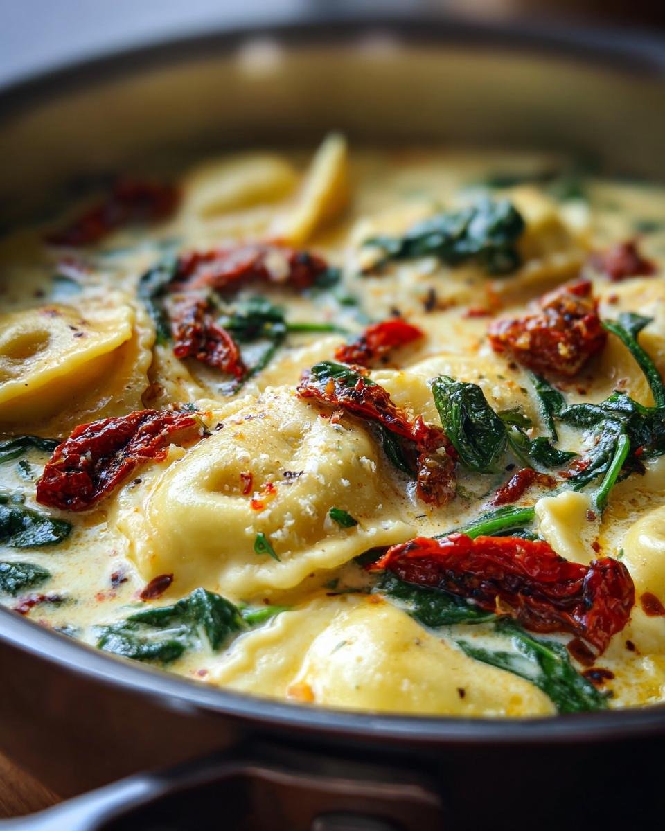 Nahaufnahme einer cremigen Tuscan Ravioli Suppe mit Spinat und getrockneten Tomaten, garniert mit Parmesan.