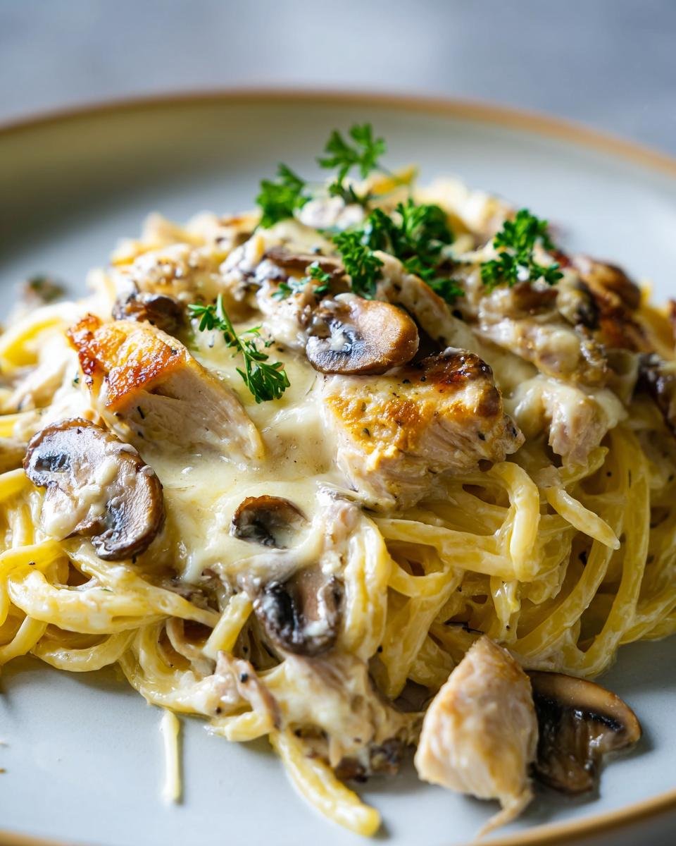 Nahaufnahme von cremigem Baked Turkey Tetrazzini mit gebratenen Pilzen und Petersilie.