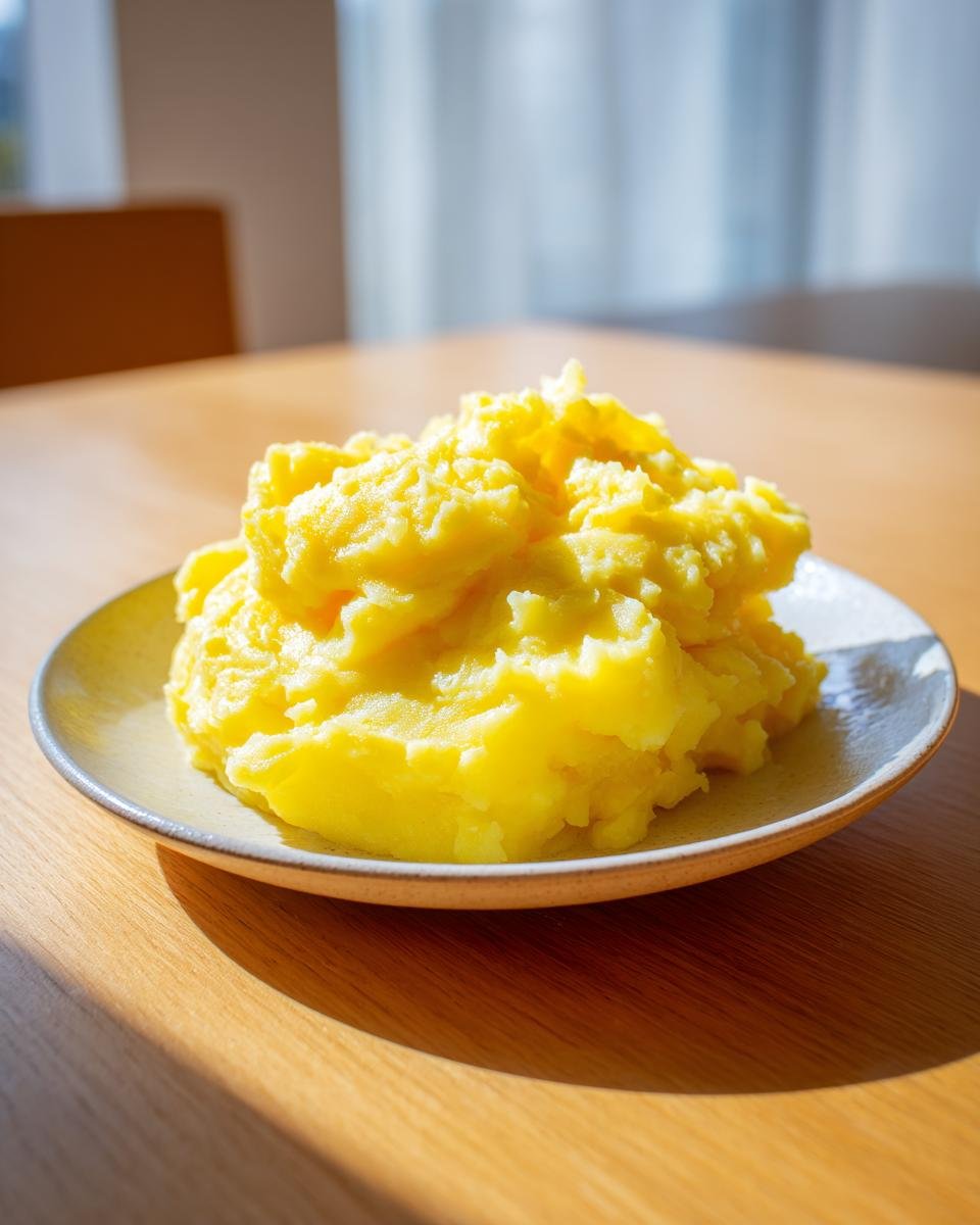 Ein Teller mit leuchtend gelbem, cremigem P&uuml;ree aus Steckr&uuml;ben, appetitlich angerichtet.