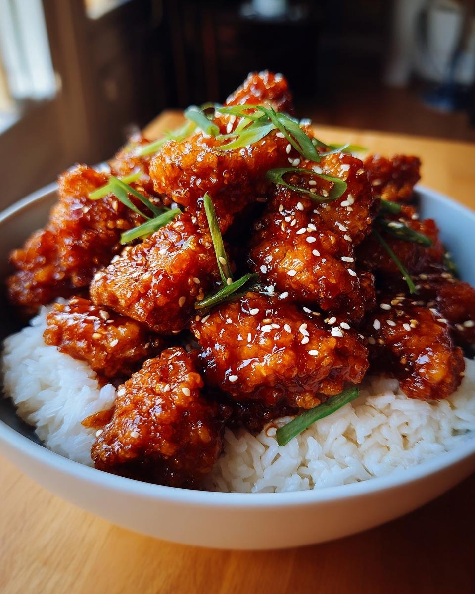 Ein Teller Crispy Orange Chicken Delight, &uuml;berbacken mit Sesam und Fr&uuml;hlingszwiebeln, serviert auf wei&szlig;em Reis.