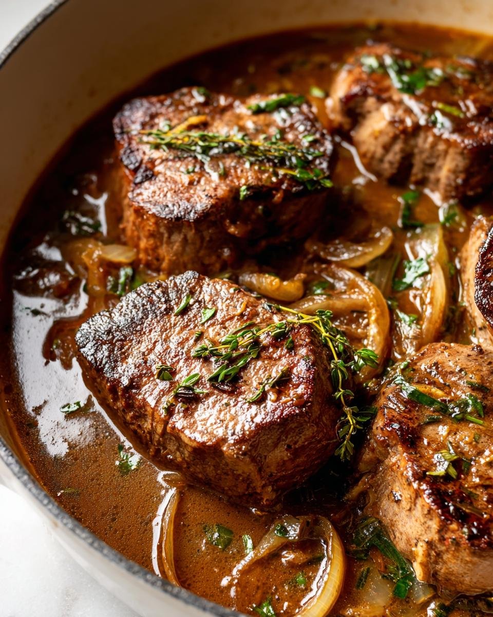 Nahaufnahme von saftigen Crock Pot Pork Chops, die in einer reichhaltigen braunen So&szlig;e mit karamellisierten Zwiebeln und frischem Thymian schmoren.