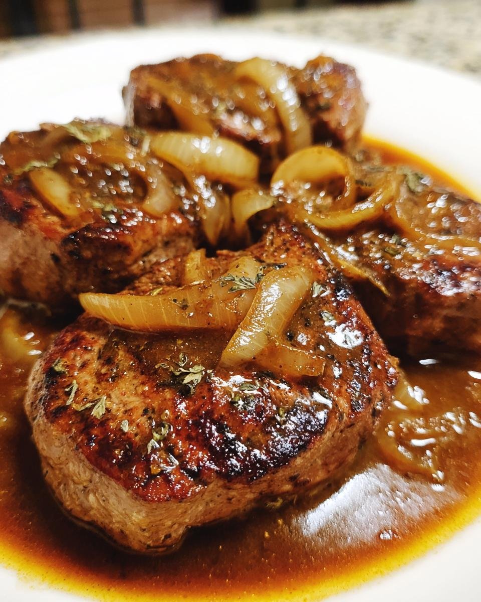 Drei gebratene Crock Pot Pork Chops in dunkler So&szlig;e mit karamellisierten Zwiebeln und Kr&auml;utern.