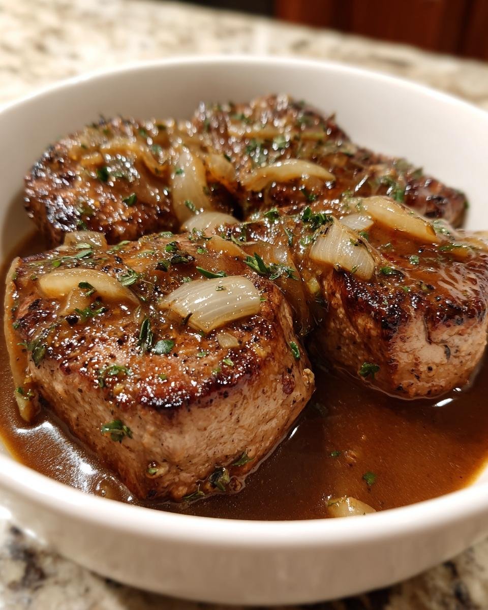 Drei saftige Crock Pot Pork Chops in einer dunklen So&szlig;e mit Zwiebeln und Kr&auml;utern in einer wei&szlig;en Sch&uuml;ssel.