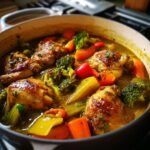 Close-up of Delicious One Pot Chicken And Vegetables with chicken pieces, broccoli, carrots, and peppers in a savory broth.