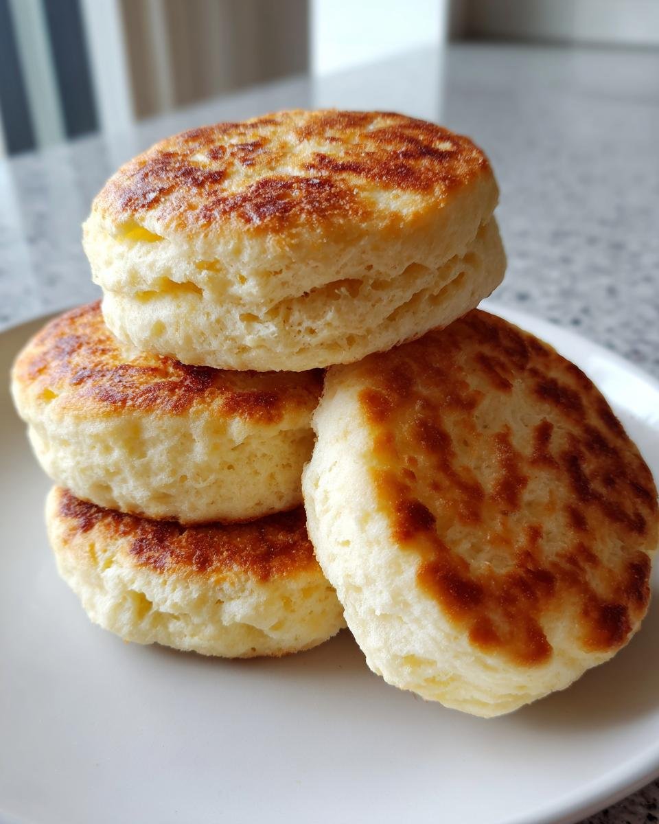 Vier fluffige Drop Scones, goldbraun gebraten, gestapelt auf einem wei&szlig;en Teller.