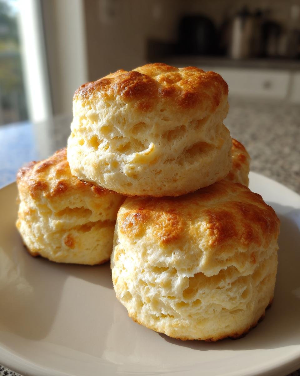 Stapel von drei fluffigen, goldbraun gebackenen Drop Scones auf einem hellen Teller.