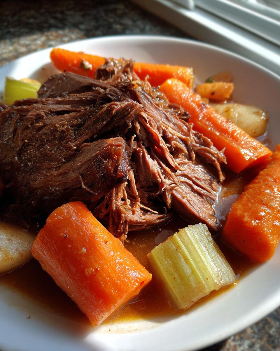 Nahaufnahme von zartem Dutch Oven Pot Roast mit großen Karottenstücken und Sellerie in Soße.
