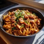 Sch&uuml;ssel mit Easy Chicken Teriyaki Noodles, garniert mit Sesam und Fr&uuml;hlingszwiebeln.