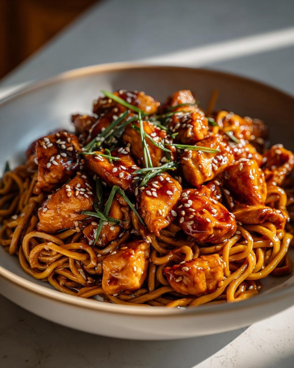 Schüssel mit Hähnchen Teriyaki Nudeln, garniert mit Sesam und Frühlingszwiebeln.