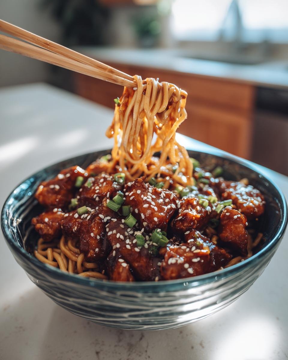 Stäbchen nehmen Nudeln aus einer Schüssel mit Hähnchen Teriyaki.