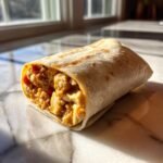 Ein saftiger Easy Chipotle Ranch Chicken Burrito, gef&uuml;llt mit H&auml;hnchen und roten Paprikast&uuml;cken, auf einem Marmortisch.