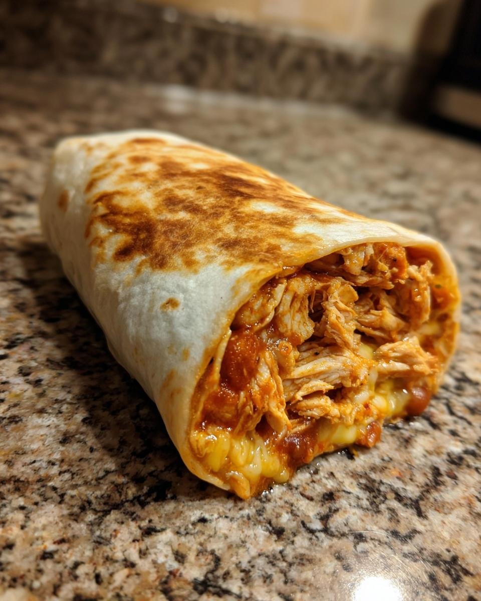Nahaufnahme eines saftigen Easy Chipotle Ranch Chicken Burritos mit geschmolzenem K&auml;se und w&uuml;rziger F&uuml;llung.
