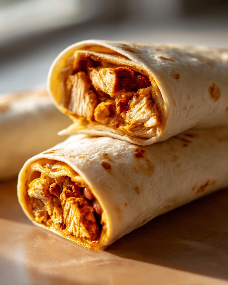 Nahaufnahme eines aufgeschnittenen Easy Chipotle Ranch Chicken Burritos, gef&uuml;llt mit saftigem H&auml;hnchen und Bohnen.