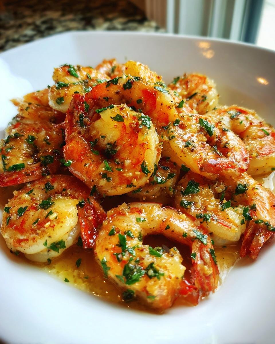 Nahaufnahme von saftigen Easy Garlic Shrimp, glasiert in Knoblauchbutter und bestreut mit Petersilie.