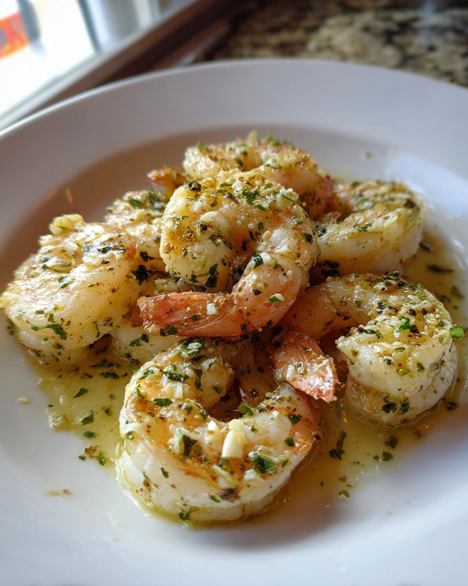 Nahaufnahme von saftigen Easy Garlic Shrimp, bedeckt mit gehacktem Knoblauch und Petersilie in einer Butterso&szlig;e.