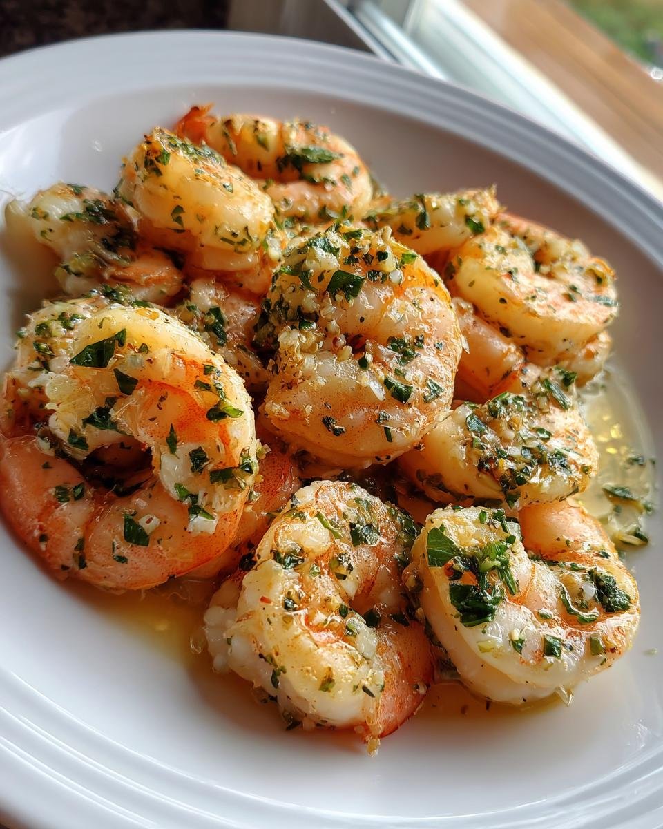 Nahaufnahme von saftigen Easy Garlic Shrimp, bedeckt mit Knoblauch und Petersilie in Butterso&szlig;e.