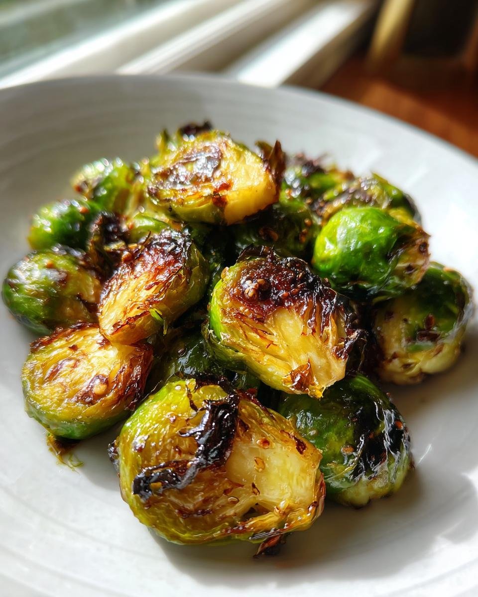 Nahaufnahme von gebratenen, zerdrückten Rosenkohlröschen (Easy Smashed Brussel Sprouts) mit karamellisierten Rändern.
