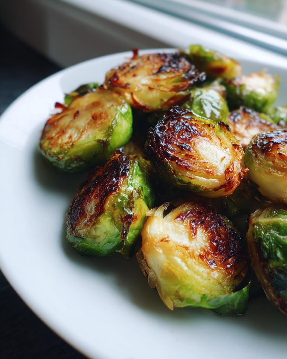 Nahaufnahme von kross gebratenen Easy Smashed Brussel Sprouts auf einem weißen Teller.