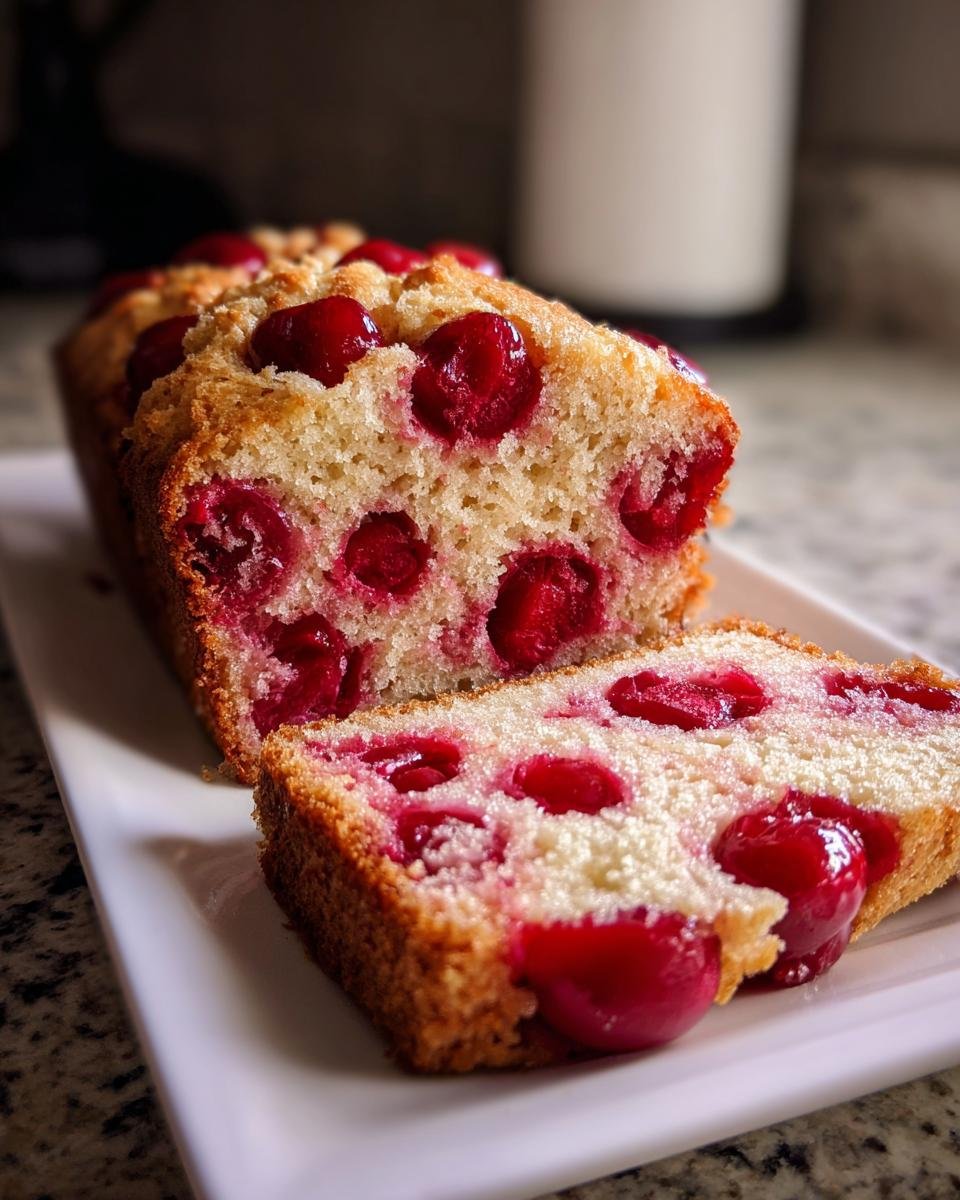 Nahaufnahme eines saftigen einfachen Kirschkuchens mit vielen Kirschen, ein St&uuml;ck angeschnitten.