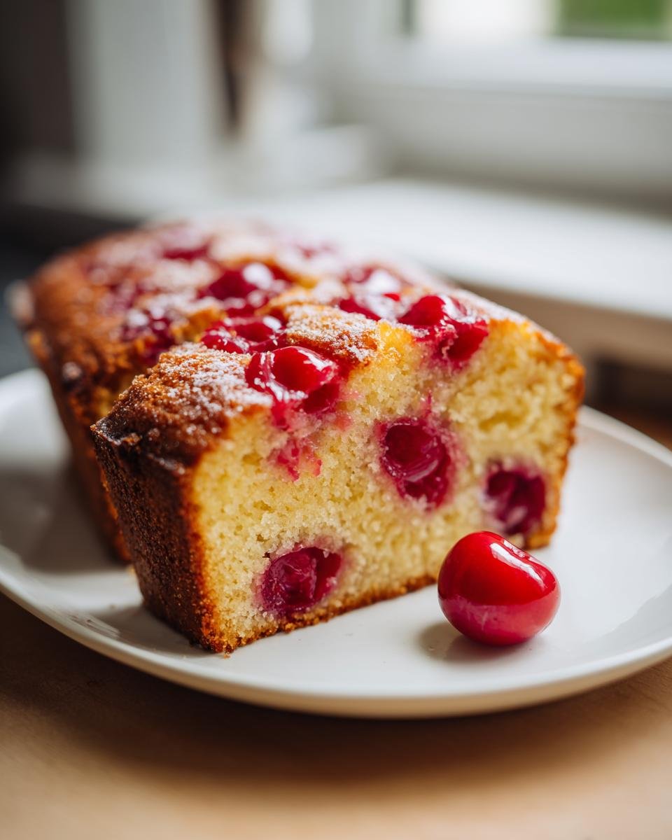 Ein St&uuml;ck saftiger Kirschkuchen mit ganzen Kirschen und Puderzucker best&auml;ubt.
