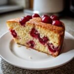 Ein St&uuml;ck einfacher Kirschkuchen mit Kirschen im Teig und auf der Oberseite.