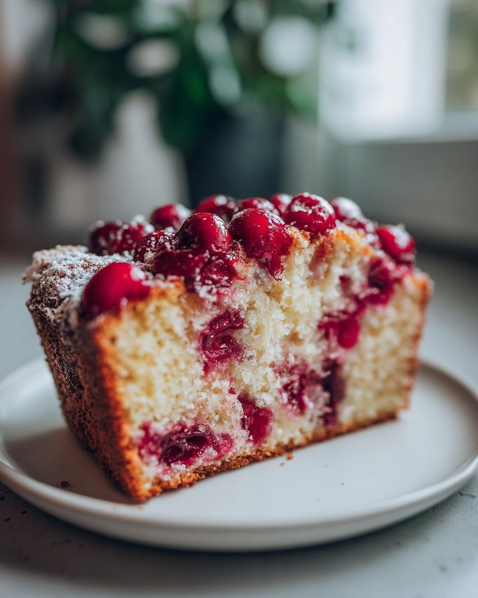 Ein St&uuml;ck saftiger Kirschkuchen mit frischen Kirschen und Puderzucker bestreut.