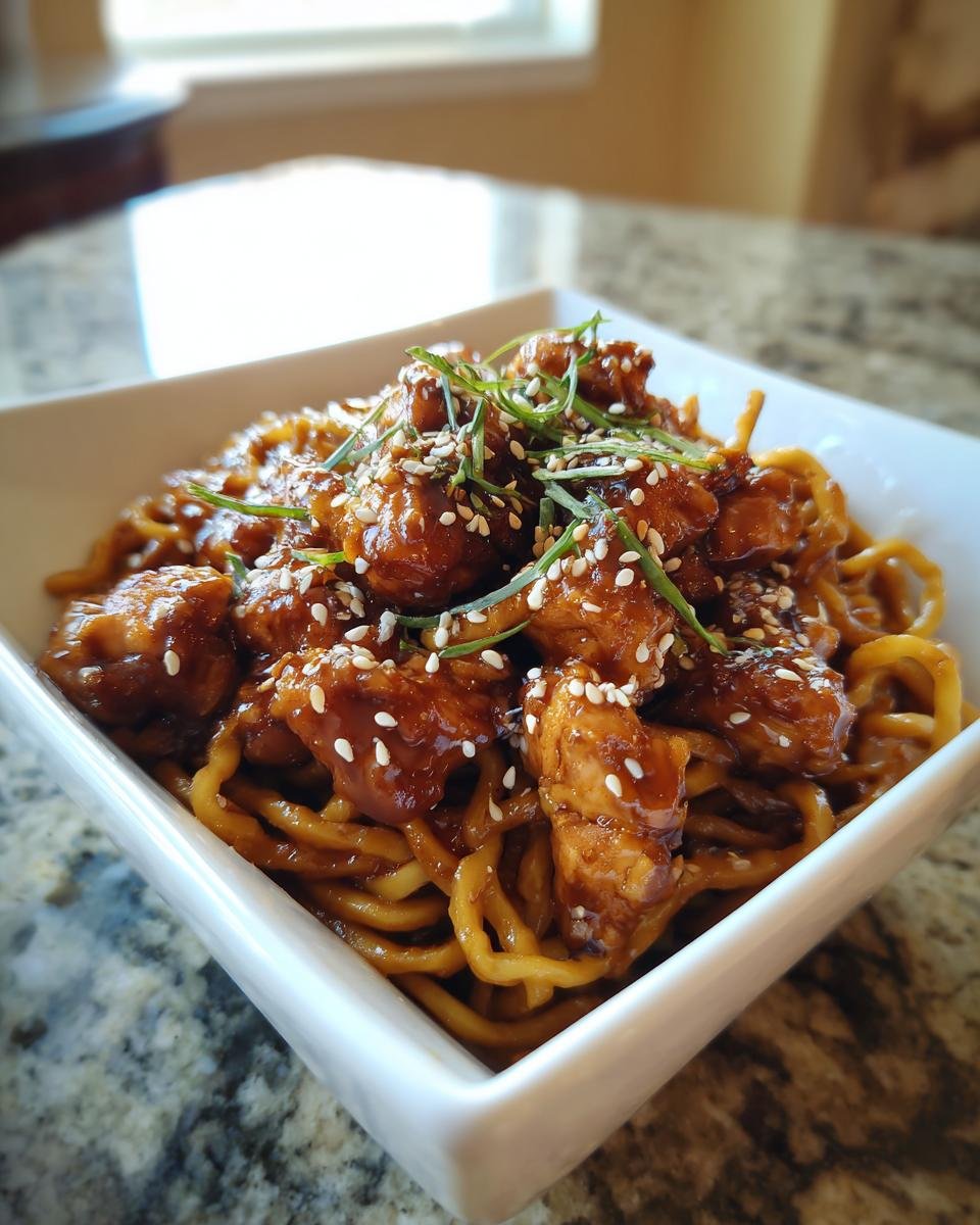 Nahaufnahme eines Schüssel mit einfachen Hähnchen Teriyaki Nudeln, garniert mit Sesam und Frühlingszwiebeln.