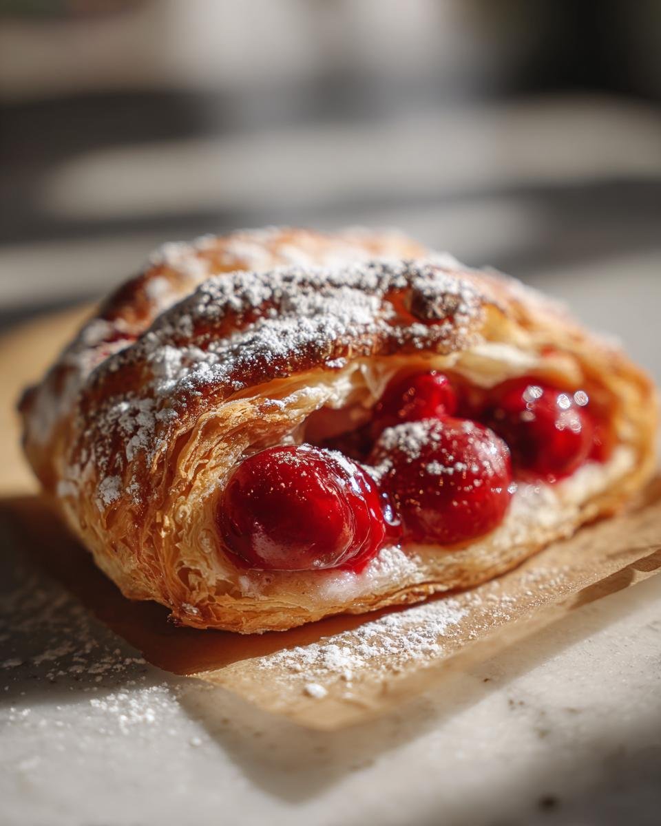 Nahaufnahme eines einfachen Kirschplunders mit Bl&auml;tterteig, best&auml;ubt mit Puderzucker und gef&uuml;llt mit Kirschen.