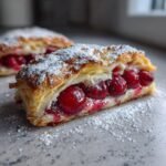 Nahaufnahme eines St&uuml;cks Kirschplunder mit Bl&auml;tterteig, best&auml;ubt mit Puderzucker.