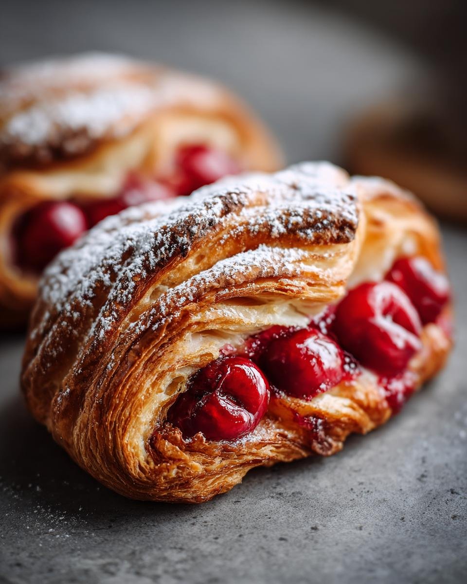 Nahaufnahme eines einfachen Kirschplunders mit Bl&auml;tterteig, best&auml;ubt mit Puderzucker und gef&uuml;llt mit Kirschen.