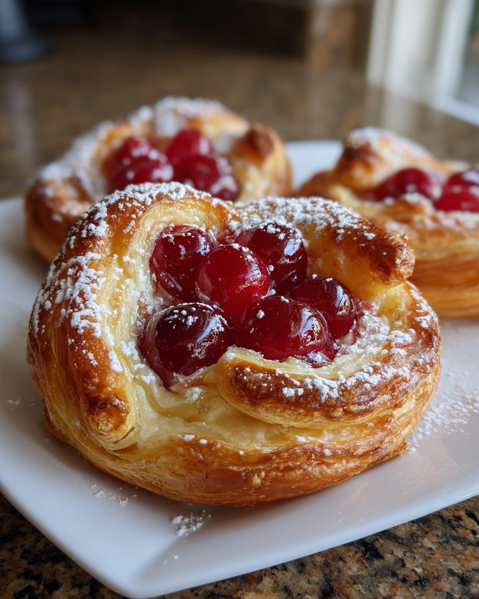 Nahaufnahme von einem einfachen Kirschplunder mit Bl&auml;tterteig, best&auml;ubt mit Puderzucker.