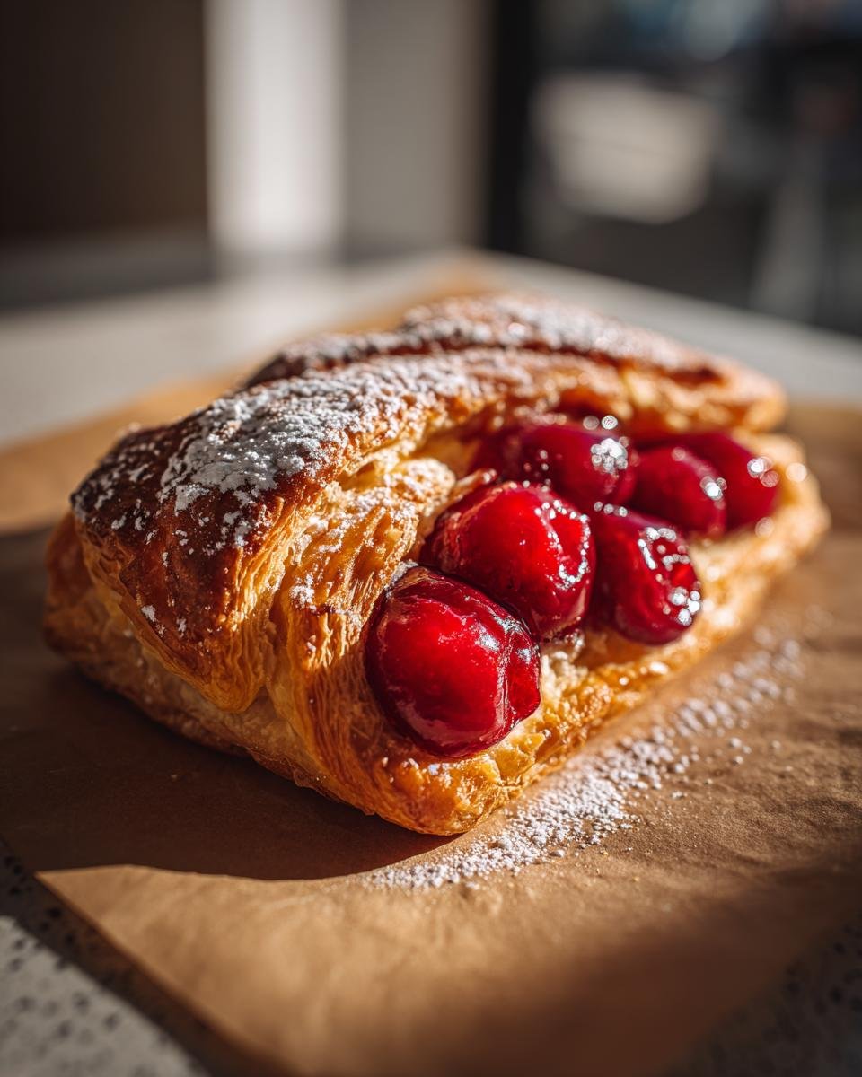 Nahaufnahme eines einfachen Kirschplunders mit Bl&auml;tterteig, best&auml;ubt mit Puderzucker.