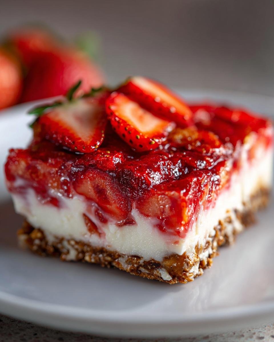 Ein St&uuml;ck Erdbeer Pretzel Jello Salad mit frischen Erdbeeren und einer cremigen Schicht auf einem Keksboden.