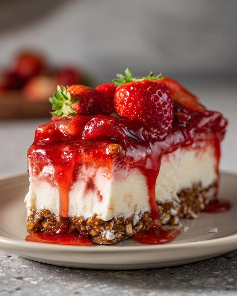 Nahaufnahme eines St&uuml;cks Erdbeer Pretzel Jello Salad mit frischen Erdbeeren und Sirup.