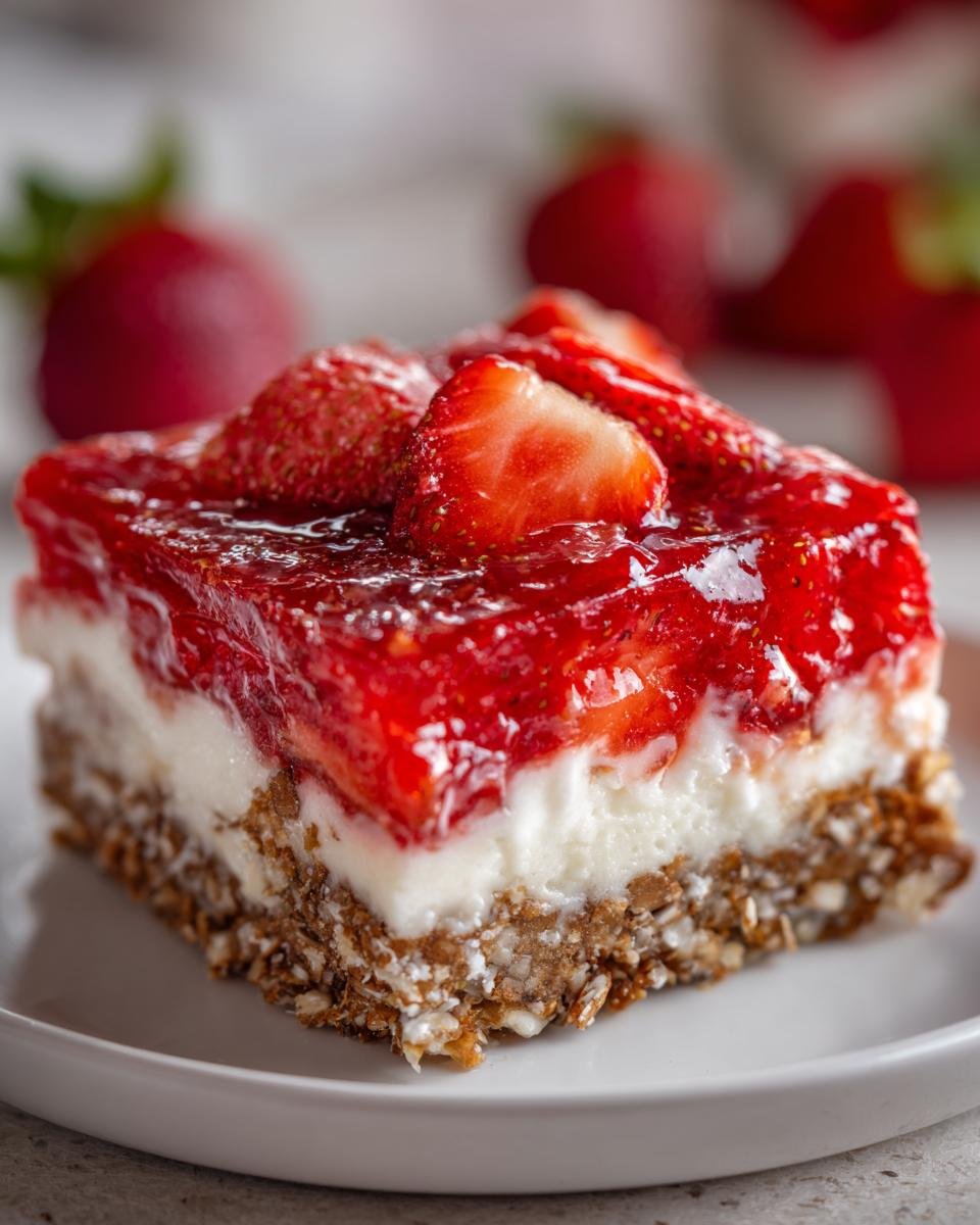 Ein St&uuml;ck Erdbeer Pretzel Jello Salad mit frischen Erdbeeren und einer cremigen Schicht auf einem Keksboden.