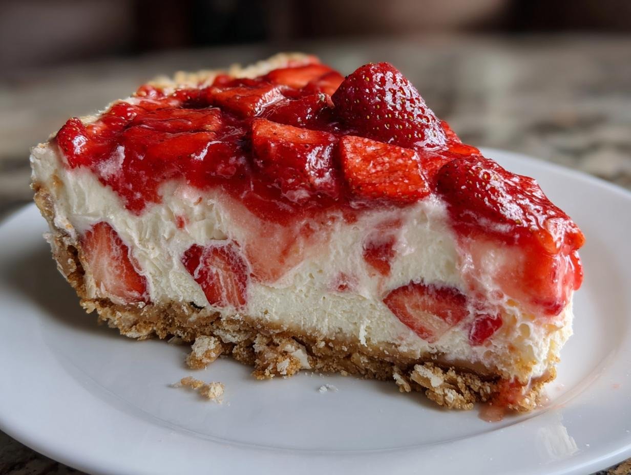 Ein St&uuml;ck Erdbeer Pretzel Jello Salat mit frischen Erdbeeren und Gelee.