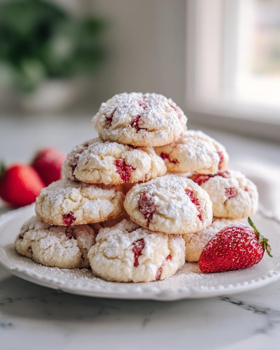 Ein Stapel erfrischender Erdbeer-Limo-Kekse, best&auml;ubt mit Puderzucker, mit frischen Erdbeeren garniert.
