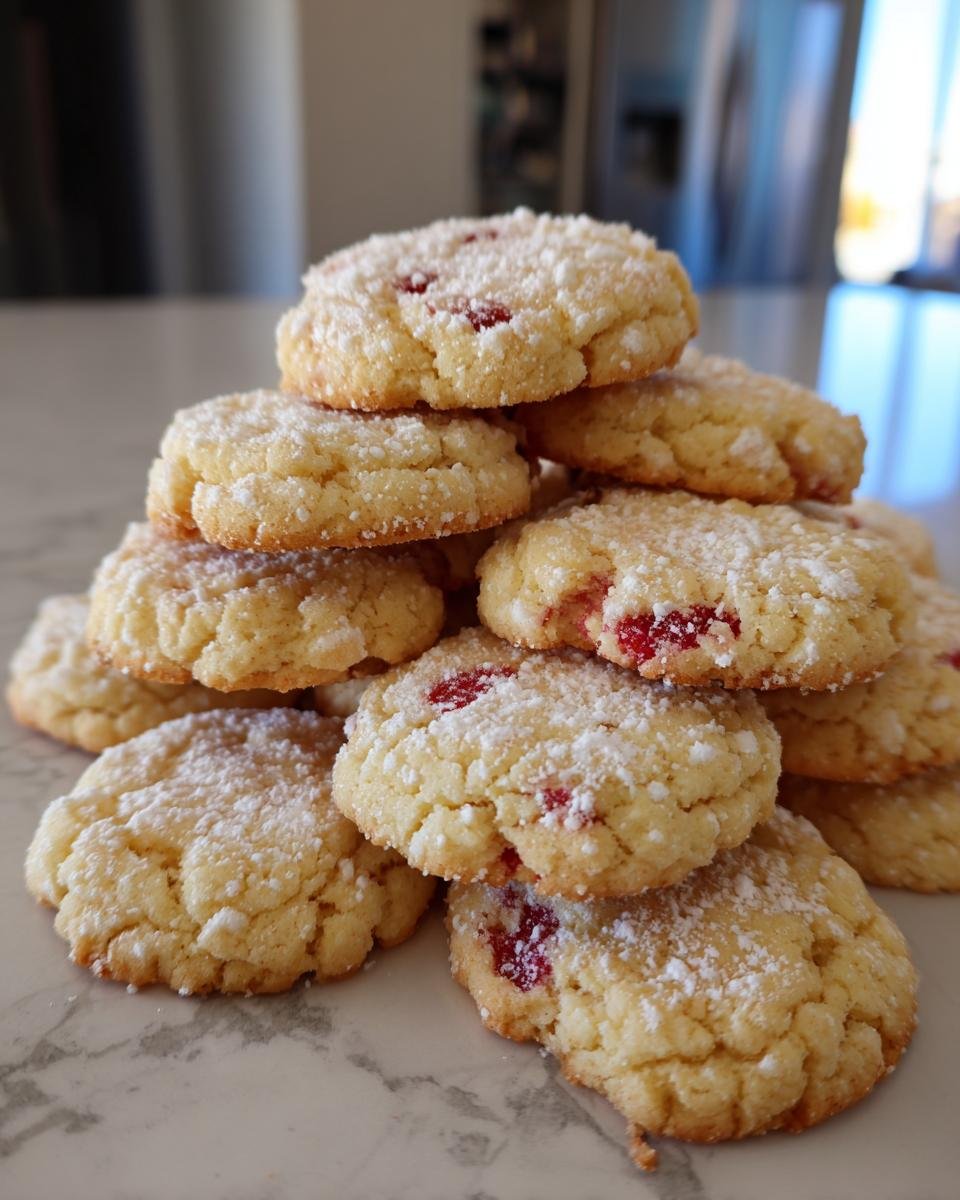 Ein Stapel von erfrischenden Erdbeer-Limo-Keksen, best&auml;ubt mit Puderzucker und mit sichtbaren Erdbeeren.