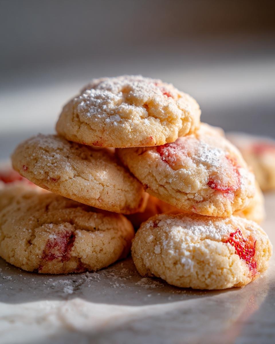 Stapel von erfrischenden Erdbeer-Limo-Keksen, best&auml;ubt mit Puderzucker und mit Erdbeerenst&uuml;cken.