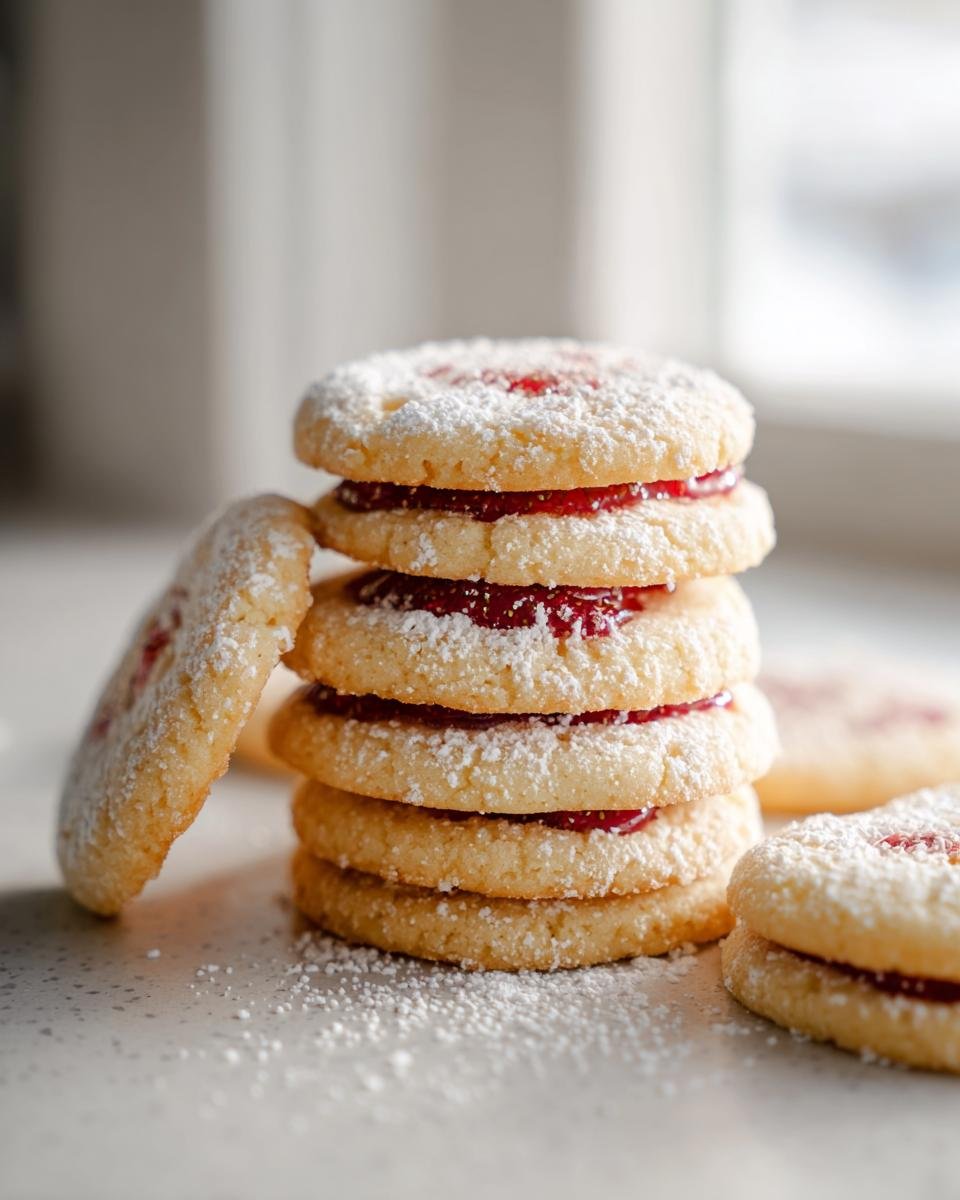 Ein Stapel Erfrischende Erdbeer-Limo-Kekse, best&auml;ubt mit Puderzucker und mit roter Marmelade gef&uuml;llt.