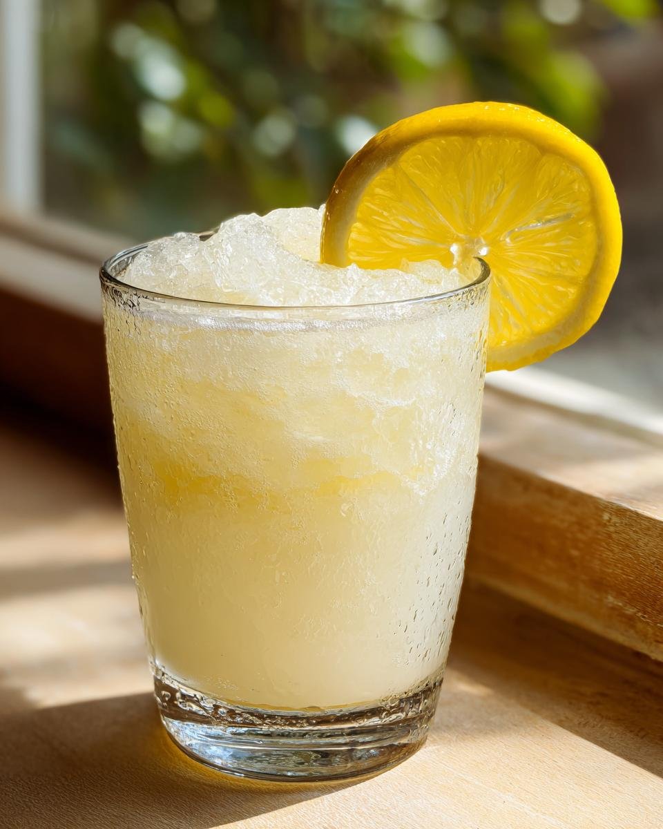 Erfrischende gefrorene Limonade Tangy Delight in einem Glas mit einer Zitronenscheibe garniert.