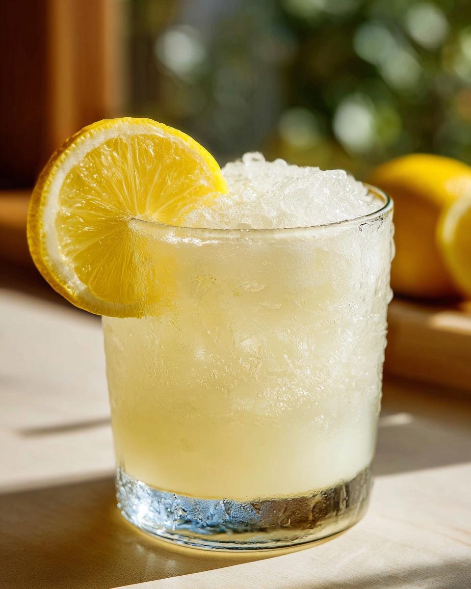Ein Glas erfrischende gefrorene Limonade mit einem Zitronenschnitz als Garnitur.